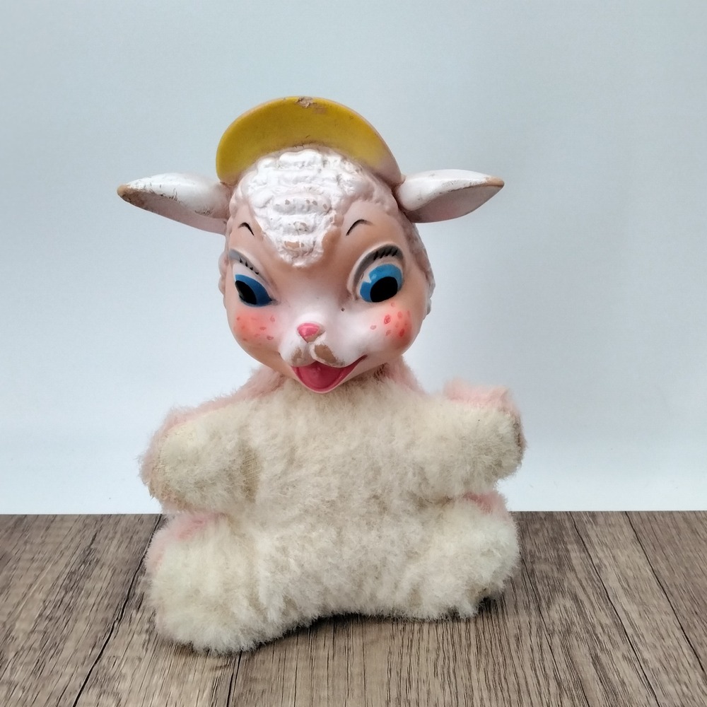 Vintage Rubber Face Lamb Plush Toy Yellow Hat Blue‎ Eyes Pink Bonnet Flocked